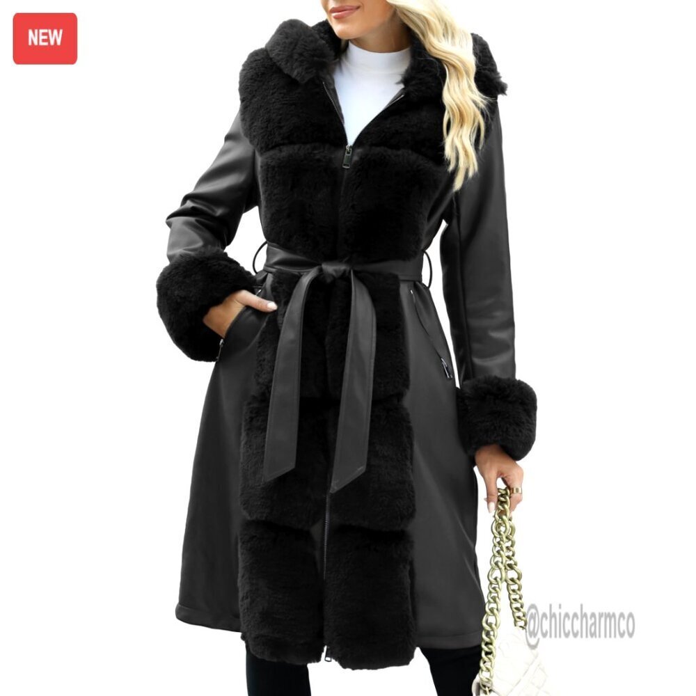 Women's Wool Pea Coat Faux Fur Jacket Winter Warm Parka Overcoat with Belt